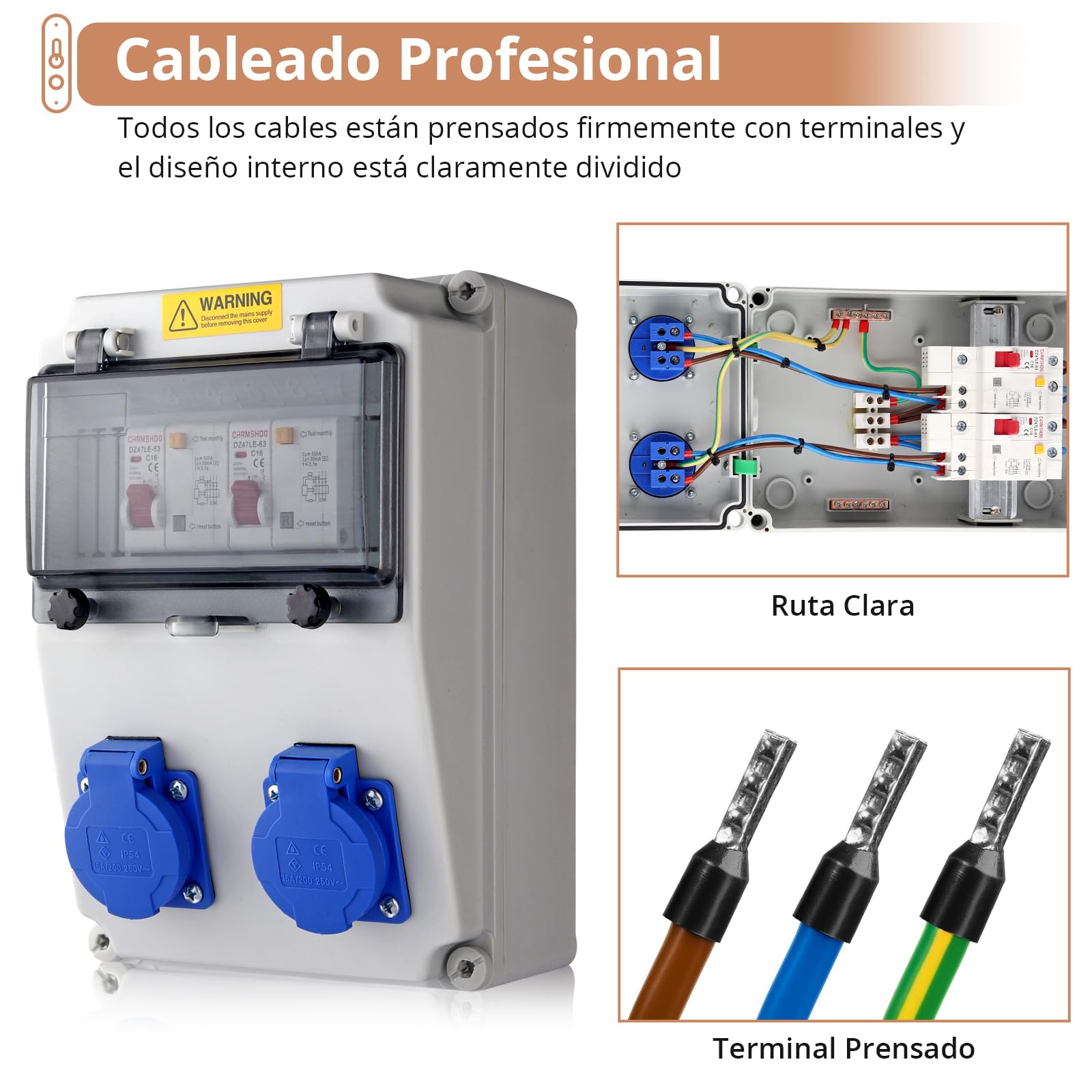 KAMTOP Distribuidor de Corriente de Pared 16A 2 Enchufes Schuko Protección FI Disyuntor Caja Estanca IP66 Impermeable