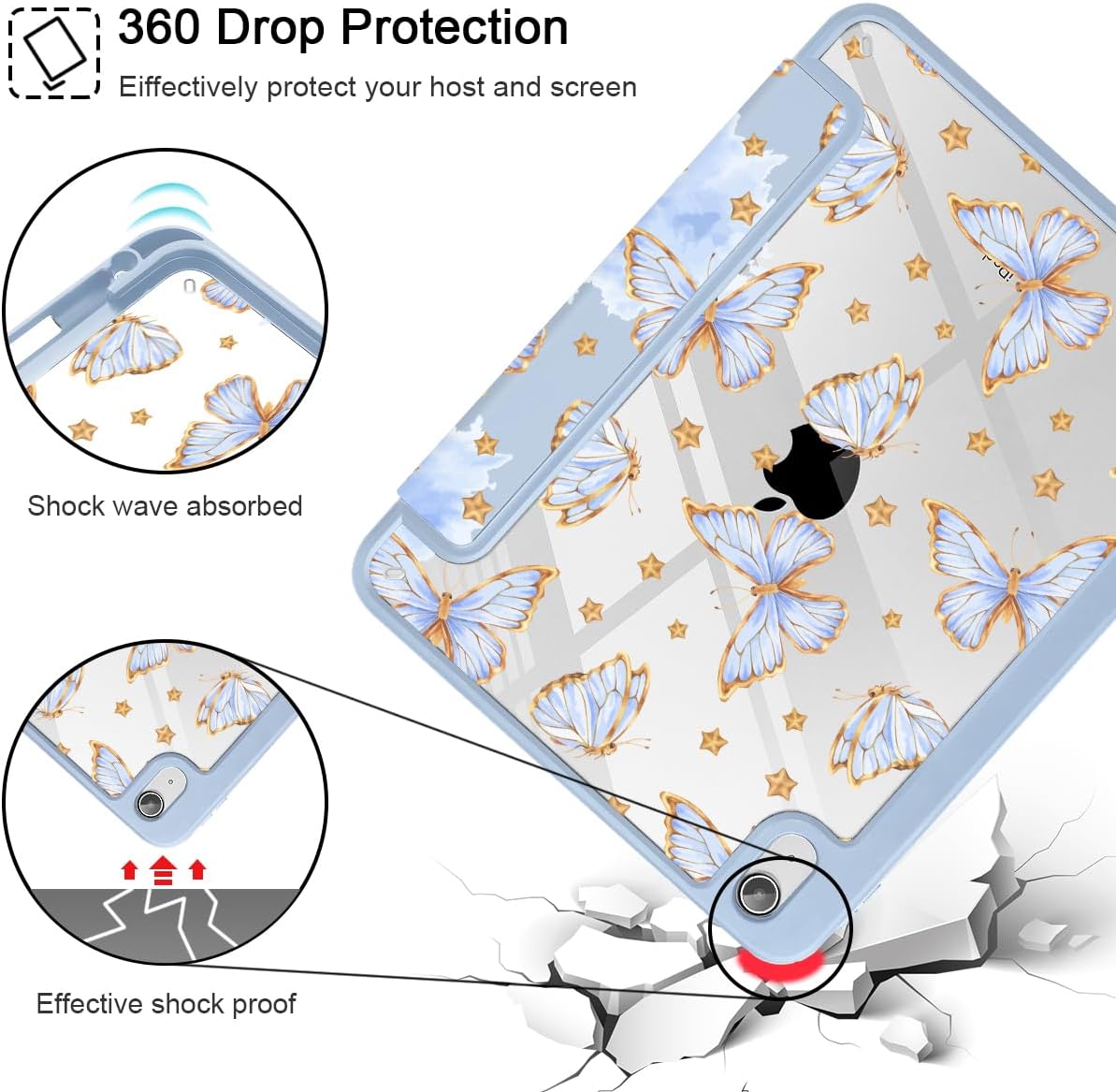 Tuiklol Case for iPad 11 inch (A16 Chip) 2025 Gen 11th / iPad 10.9 inch 2022 10th Gen, Buit in Pencil Holder with Shockproof Cover Clear Transparent Back Shell Auto Wake/Sleep,Blue Butterfly - Image 5