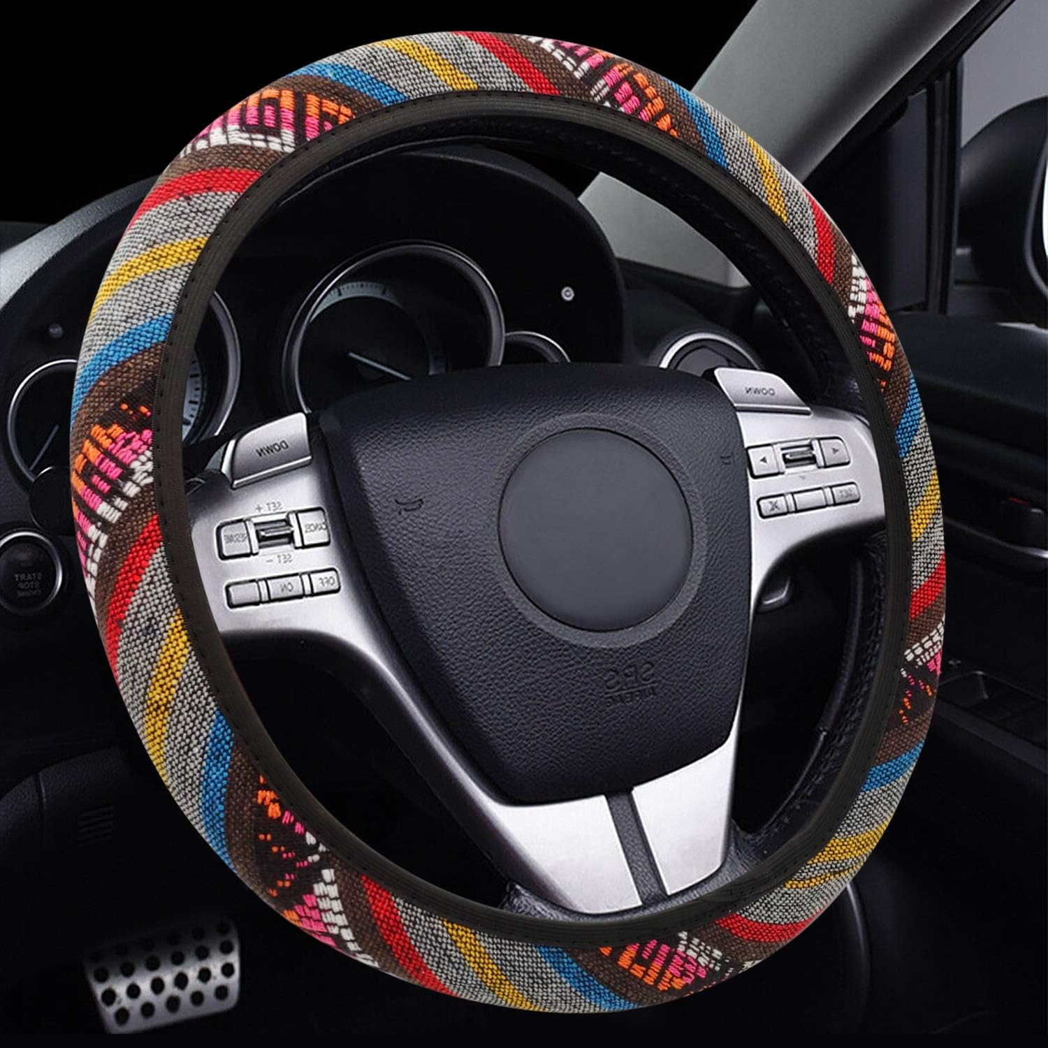NICEASY 14.5-15 inch Red-Main Colorful Soft Cloth Steering Wheel Cover for Woman,Girl