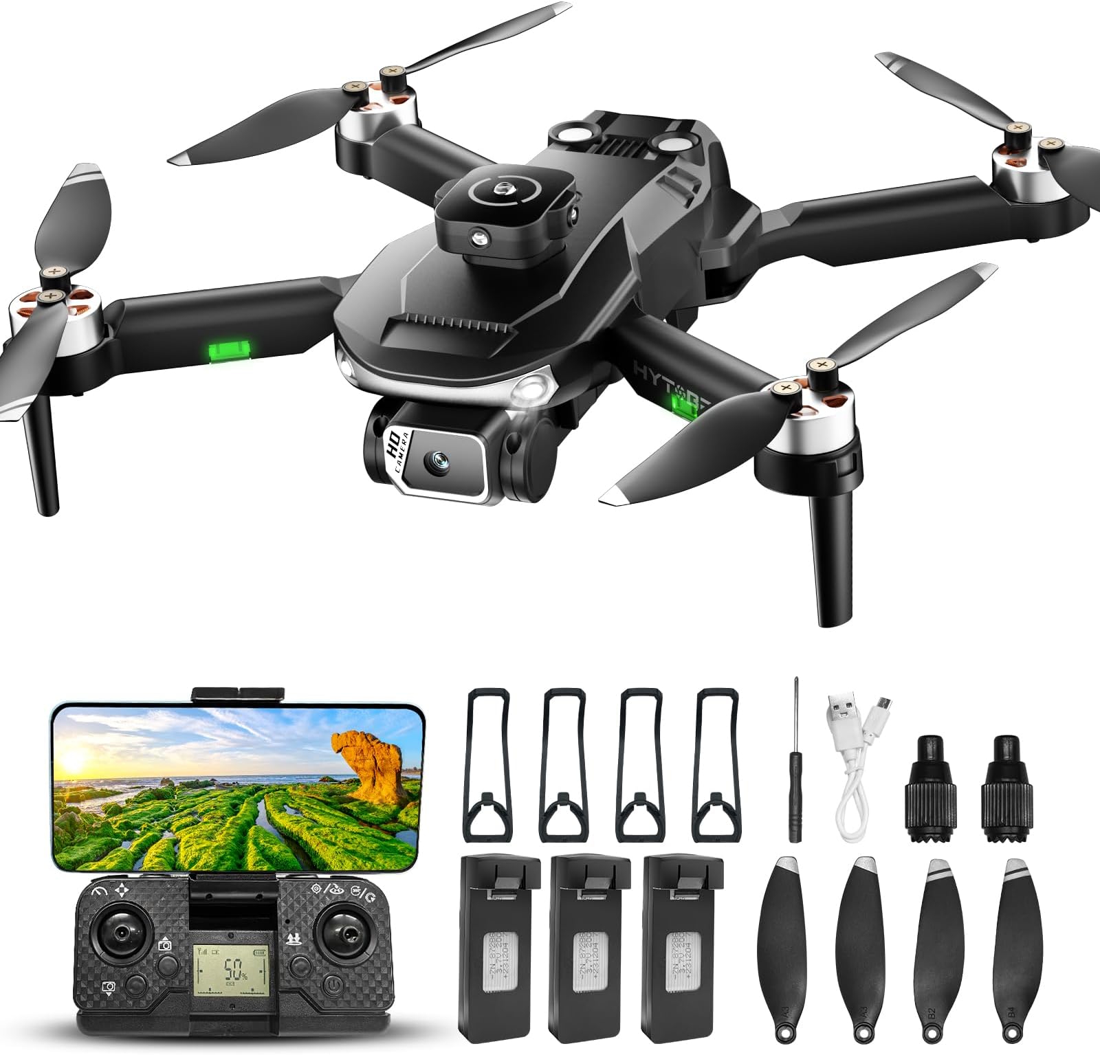HYTOBP S165 MAX Drone with Professional 1080P Camera, Drone for Beginners with Brushless Motor 5G Transmission, 90° Adjustable Motorized, Less than 249g, 3 Batteries