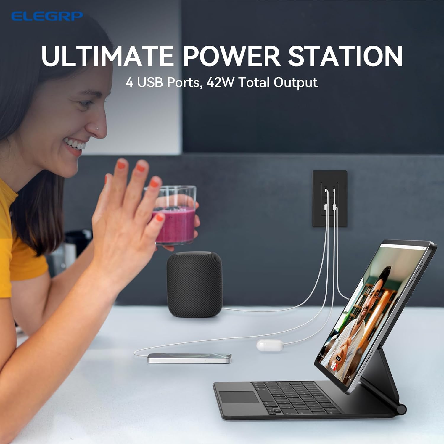 ELEGRP 42W Fast Charge & Power Delivery 4-Port USB Wall Outlet, UL/CUL Listed, Wall Plate Included, Matte Black