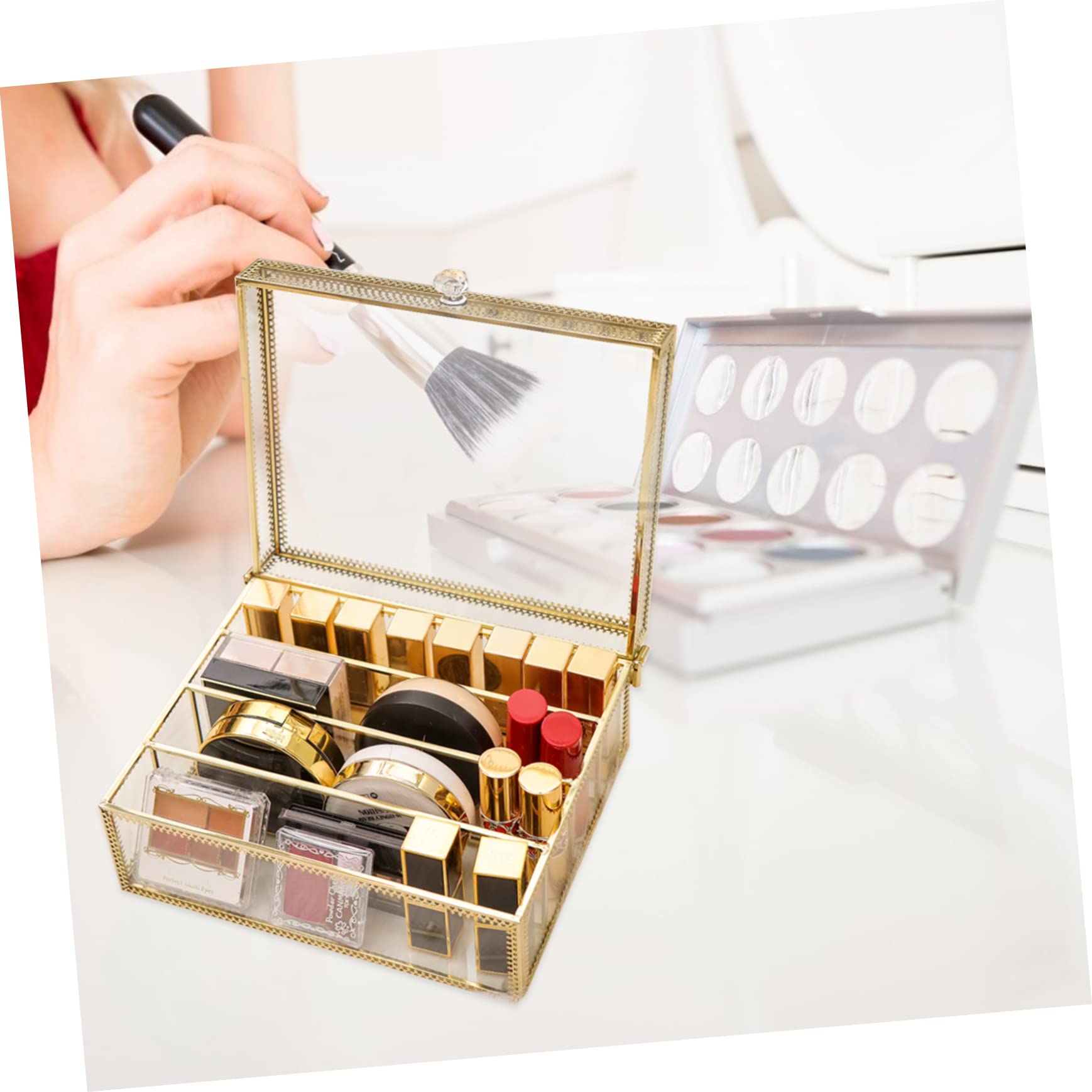 Aufbewahrungsbox mit Deckel aus Legierung und Glas Kosmetik | Geteilte Konstruktion, Feines Erscheinungsbild, 1 Stück, für Puder, Lidschatten und Lippenstift