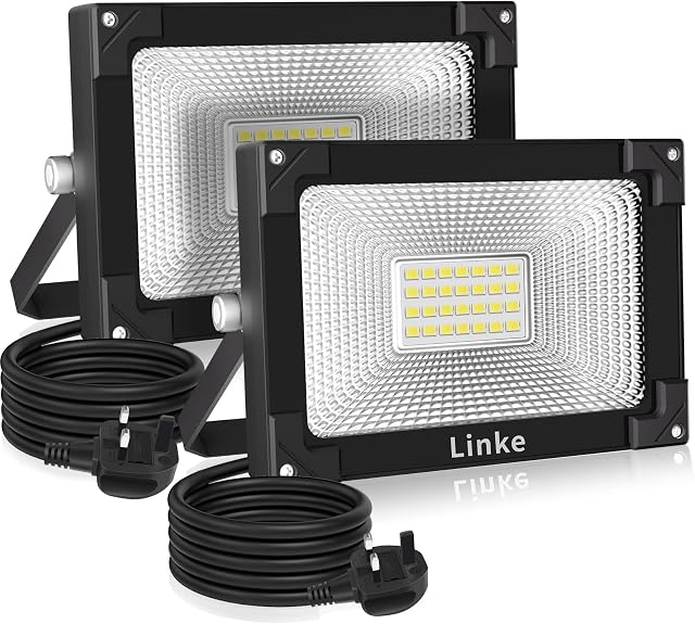 Linke Led Floodlight Light 25W 2100LM Bright Led Work Light with Plug, IP66 Waterproof Led Outdoor Lights 6500K Daylight White Wall Lights Outside for Garden Porch Courtyard Garage Warehouse 2 Pack