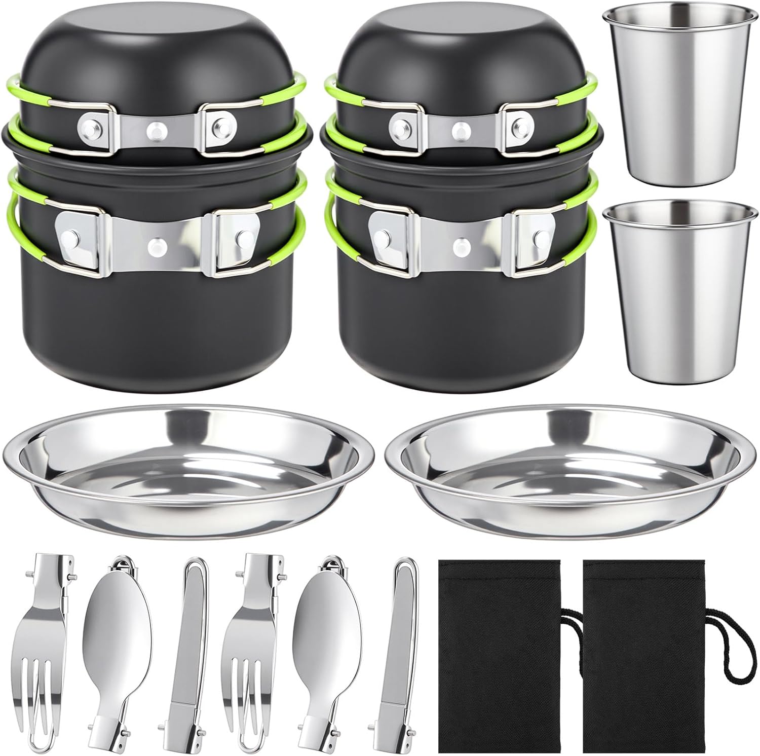 18 Pcs Camping Cookware Mess Kit, Lightweight Pot Pan Mini Stove 2 Set Stainless Steel Cups Plates Forks Knives Spoons Backpacking Cooking Set for Camping, Hiking, Backpacking and Picnic