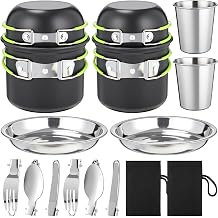 18 Pcs Camping Cookware Mess Kit, Lightweight Pot Pan Mini Stove 2 Set Stainless Steel Cups Plates Forks Knives Spoons Backpacking Cooking Set for Camping, Hiking, Backpacking and Picnic