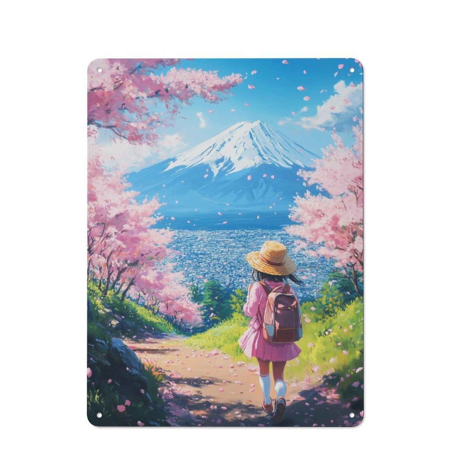 Junmoney Cherry Blossom Fuji View Tin Sign 40X30cm For Café Or Home Bar, Retro Wall Decor, For Garage, Workshop And Man Cave Decoration