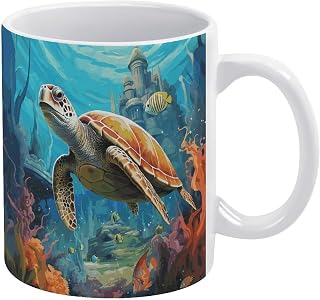 White Ceramic Mug 330ml Capacity Coffee Mug with Thickened Body AntiSlip Base Dolphins Sea Turtle Coral ReefComfortable Handle for Home Office Café Dishwasher Safe