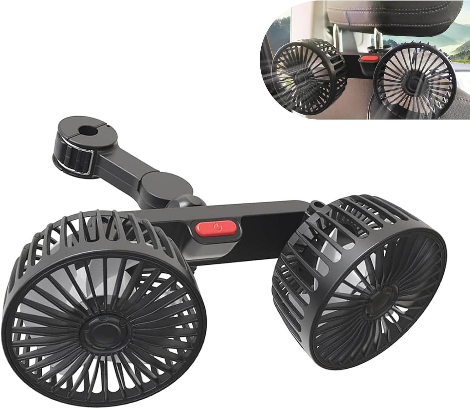 Car Seat Headrest Fan, Dual-head 360 Degree Rotating Fast Cooling Fan with USB Harness, Three-speed Adjustable Silent Motor with Anti-scratch Silicone Locking Clip, for Most Cars (Black)
