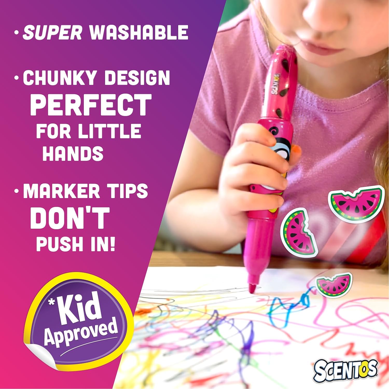 Scentos Jumbo Scented Markers for Kids, 8 Pack Fruit Scented Washable Markers, Non Toxic Chunky Design for Little Hands, Vibrant Colors, Super Washable Ink