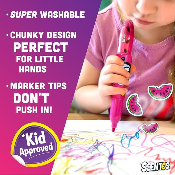 Scentos Scented Jumbo Markers 8 Pack, With Fruit Scent, 8 Colors, Different Fruity Each, Washable Markers, Marker for Kids, Kid Approved, Non Toxic Chunky, Design for Little Hands, Super Washable Ink.