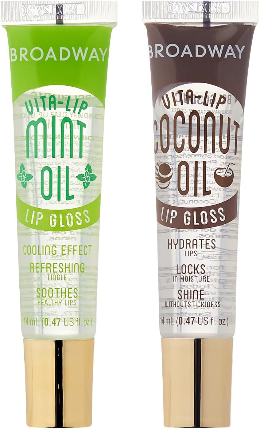 Broadway Vita-Lip Clear Lip Gloss (2 Pack Mint & Coconut Oil), Ultra-Hydrating & Soothing Formula with Vitamin Oils, High-Shine Non-Sticky Finish, Healing Lip Balm for Healthy Lips