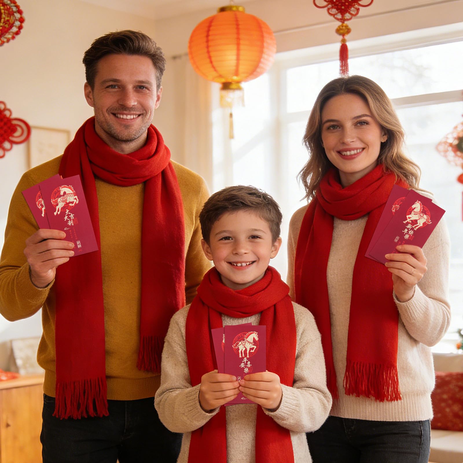 Briefumschläge 2026 Jahr des Pferdes Rot, 6 Stück mit goldfarbenen geprägten Mustern – Mondneujahr Hongbao für Segen, chinesisches Neujahrsgeschenk, Partydekorationen und Zubehör