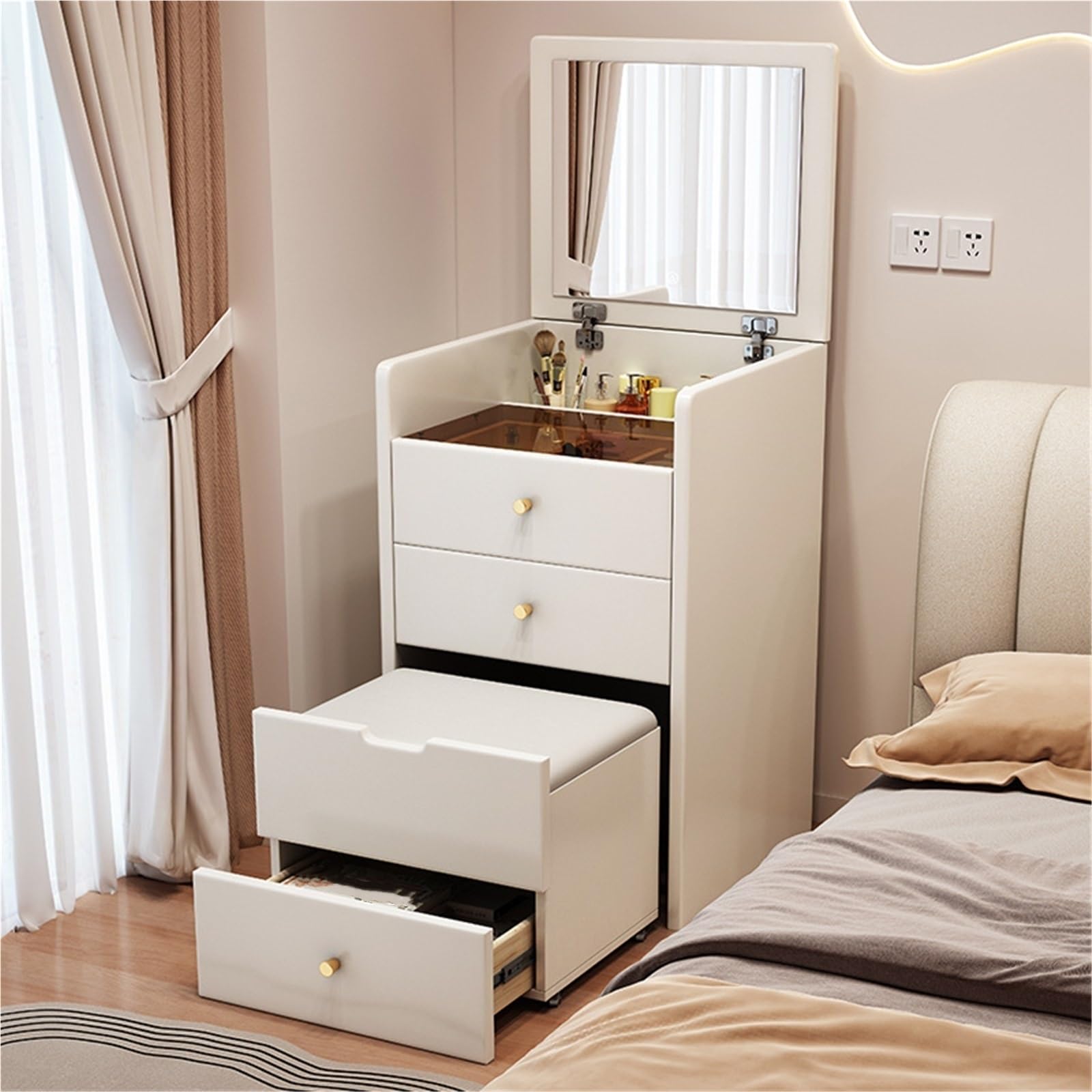 asdchZen Compact Vanity Table With Flip Top Mirror & Storage Drawers, Makeup Desk Set With Stool For Small Spaces, Long-Lasting Dressing Table For Bedroom & Room Decor,White-48cm