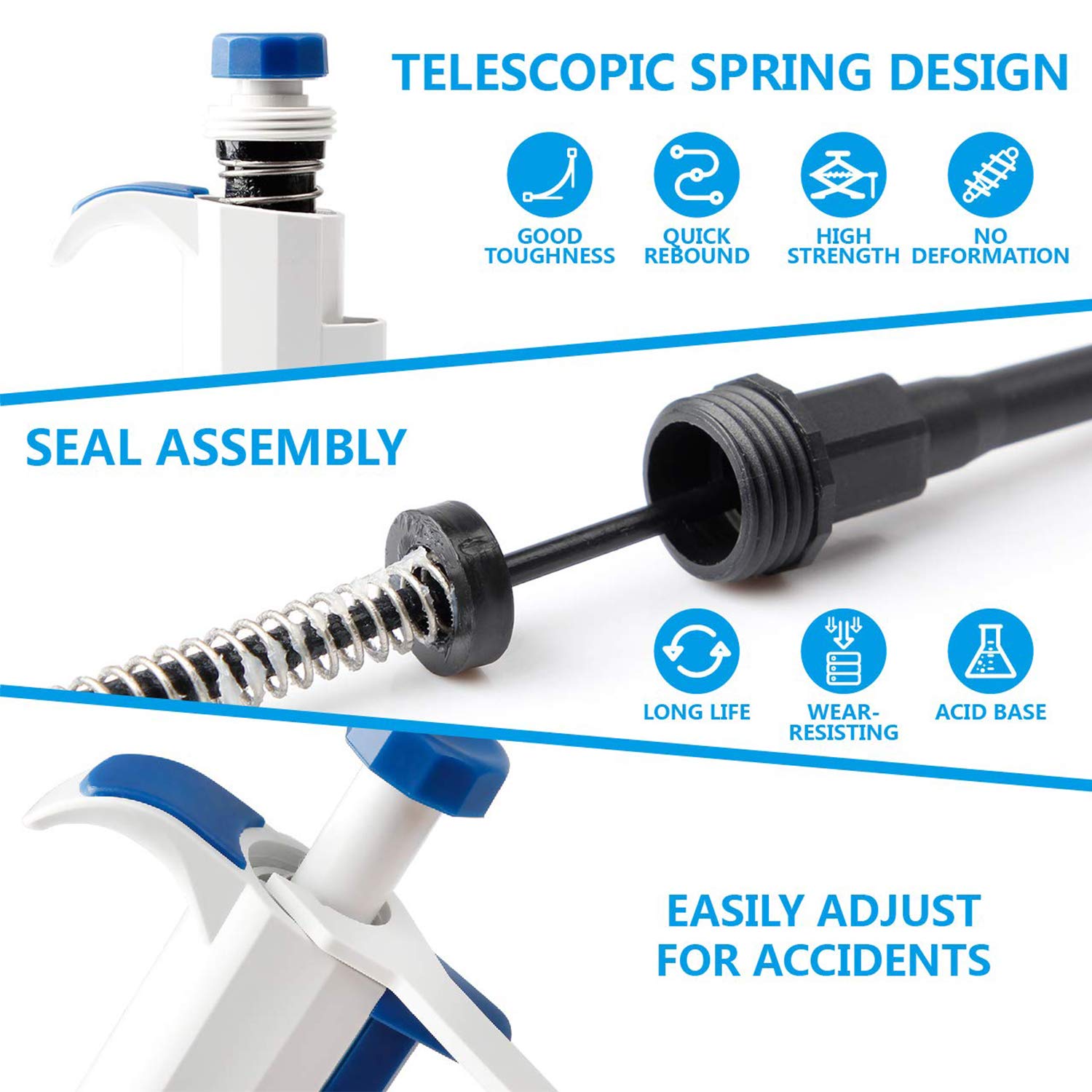 Internal mechanism of the micropipette showing telescopic spring design and seal assembly