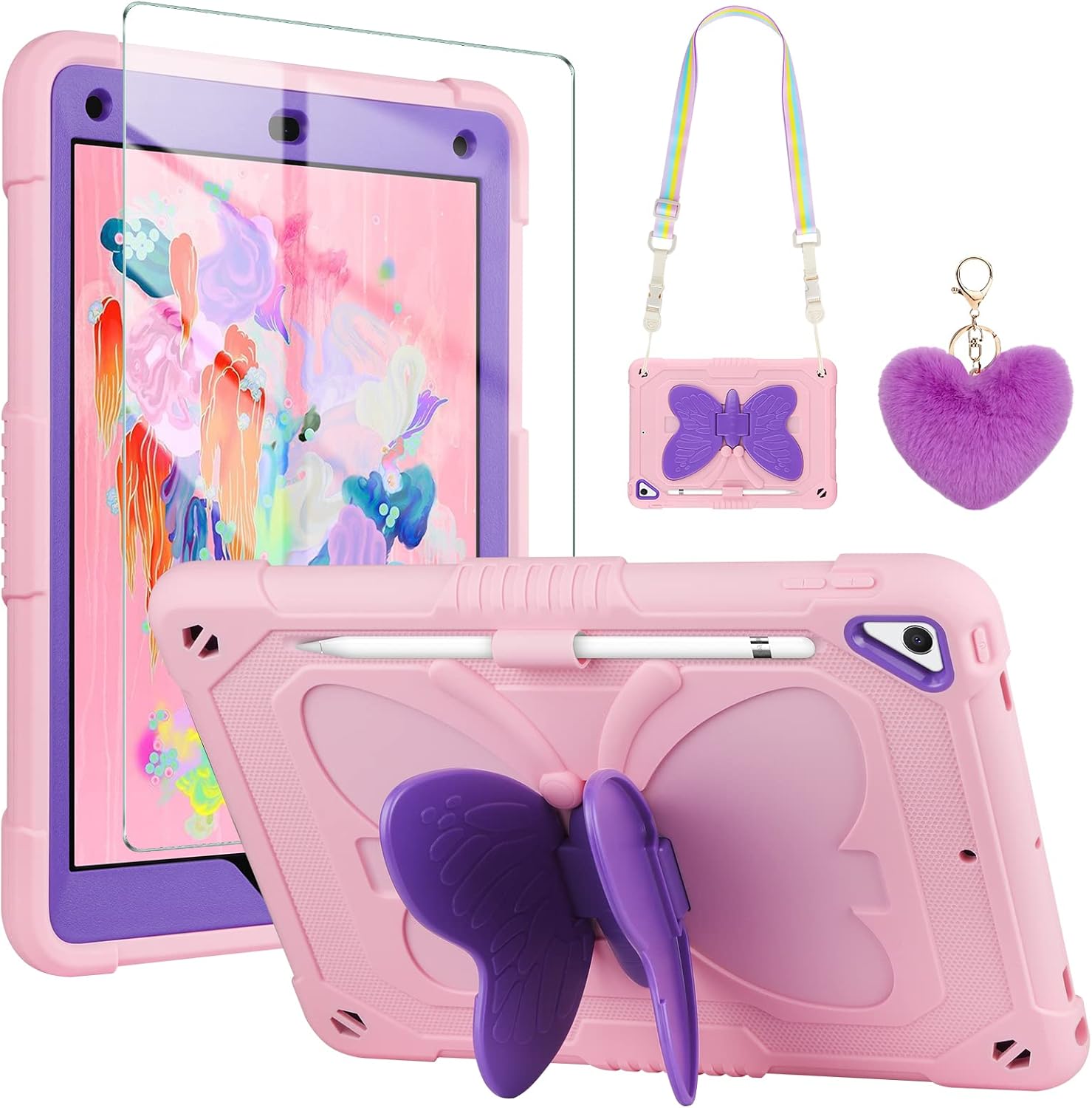 WESADN for iPad 9.7 Case iPad 6th 5th Generation Cases with Screen Protector/Butterfly Kickstand/Lanyard/Keychain Rugged Case with Pencil Holder for Girls Kids iPad Air 2 Case 9.7'' Pink Purple