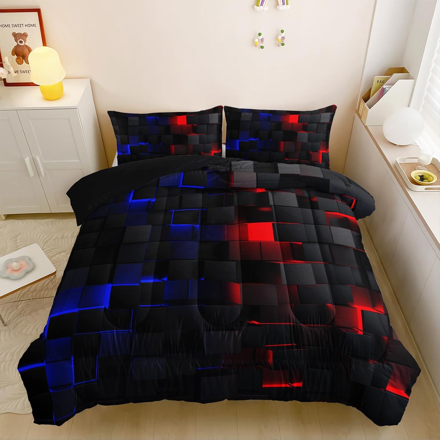 Neon Red and Blue Comforter Set Twin Geometric Kids Bedding Set,3 PCS Geometry Honeycomb Bed Set Modern Quilt Set 1 Comforter 2 Pillow Cases Cool Room Decor All Season B-Side Black - Image 3