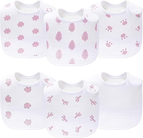 Miniatura 11 de Paquete de 6 baberos de muselina unisex para bebés, absorbentes, suaves y lindos para bebés niños y niñas, 100% algodón Rosa-fsm