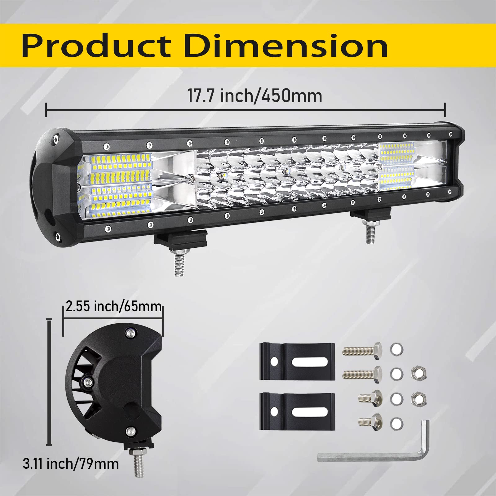 PICAA Listwa oświetleniowa LED 18" 252 W z zestawem kabli wiązki przewodów 12 V, trójrzędowe połączenie punktowe powodziowe 6000 K białe światła terenowe do jazdy przeciwmgielnej światła robocze do 4 x 4 ciężarówki SUV ATV