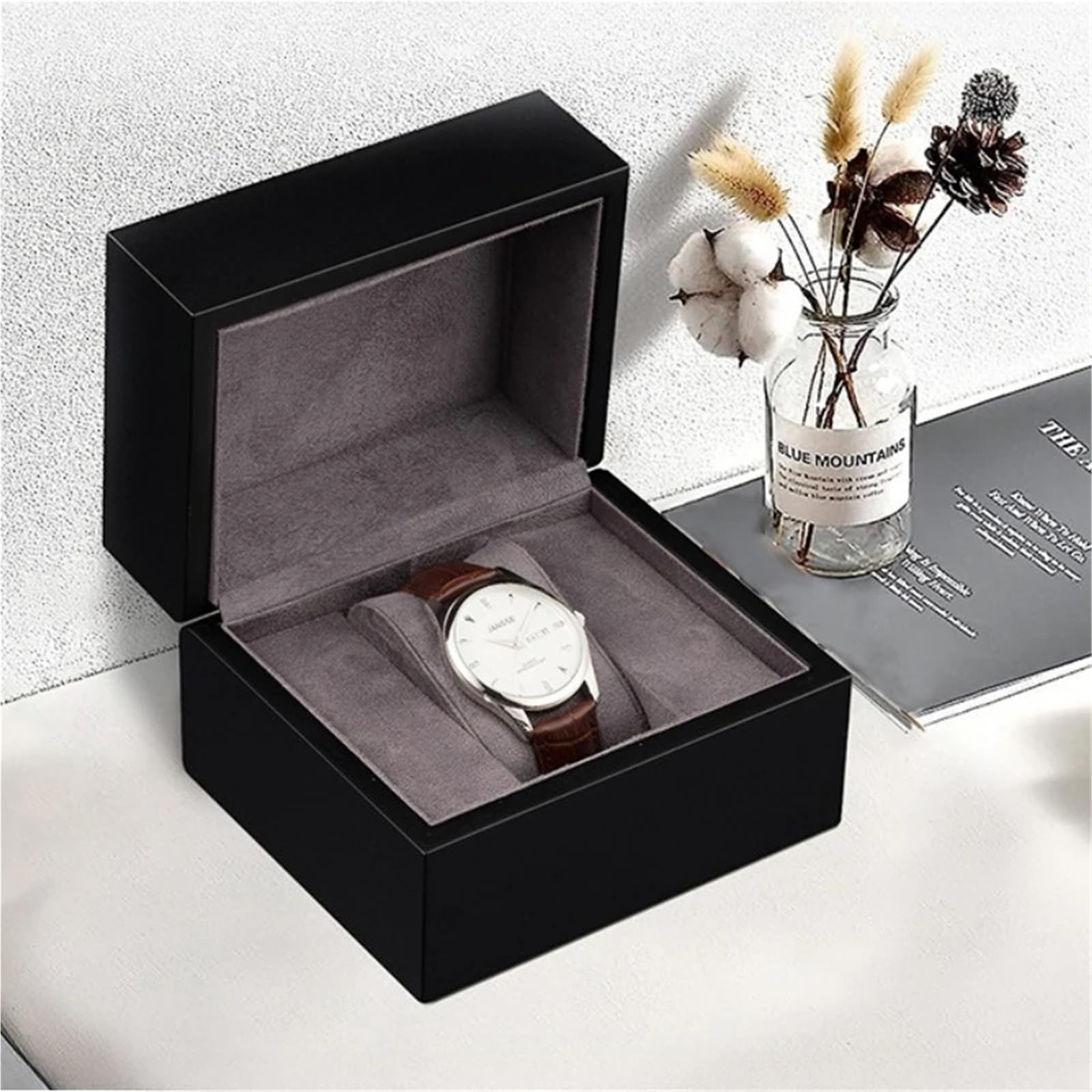 Porta Orologi Legno Scatola for orologi da uomo in legno nero opaco | Espositore for imballaggio for una persona con velluto grigio