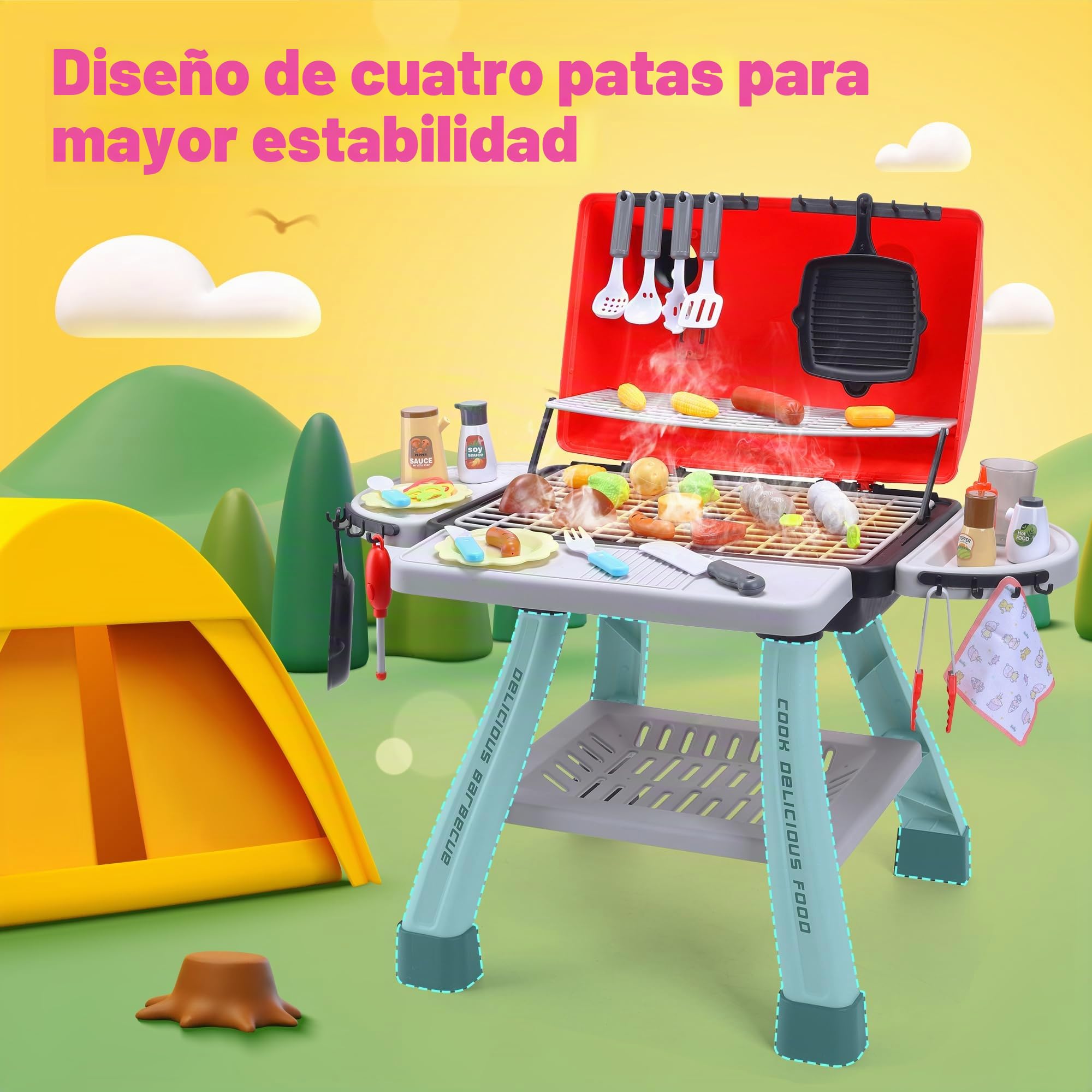 CUTE STONE Juguete de Barbacoa para niños, Juego de Juguetes de Cocina, Juego de Barbacoa de Humo Realista con Accesorios de Cocina