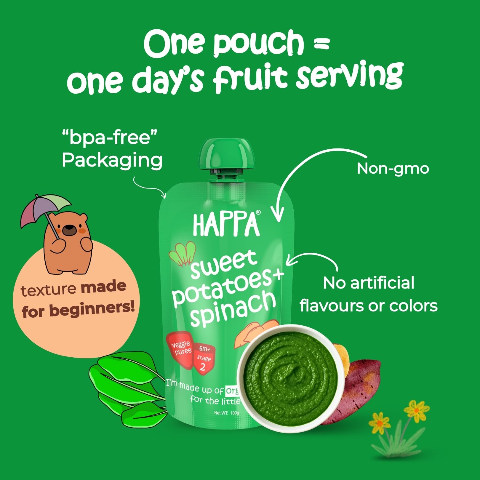 Happa Organic Baby Food Sweet Potato and Spinach Puree | 100% Fruits and Vegetables | No Added Sugar, No Milk Powder, No Preservatives | Stage 2 (6 Months+) | Ready to Eat | Free from Common Allergens | Pack of 4 (100g Each) 2