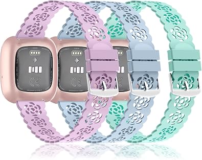 3 Pack 22mm Lace Hollowed-Out Silicone Replacement Wristbands Compatible for Fitbit Versa/Fitbit Versa 2/Fitbit Versa Lite,Slim Bands Soft Smartwatch Sport Strap for Women