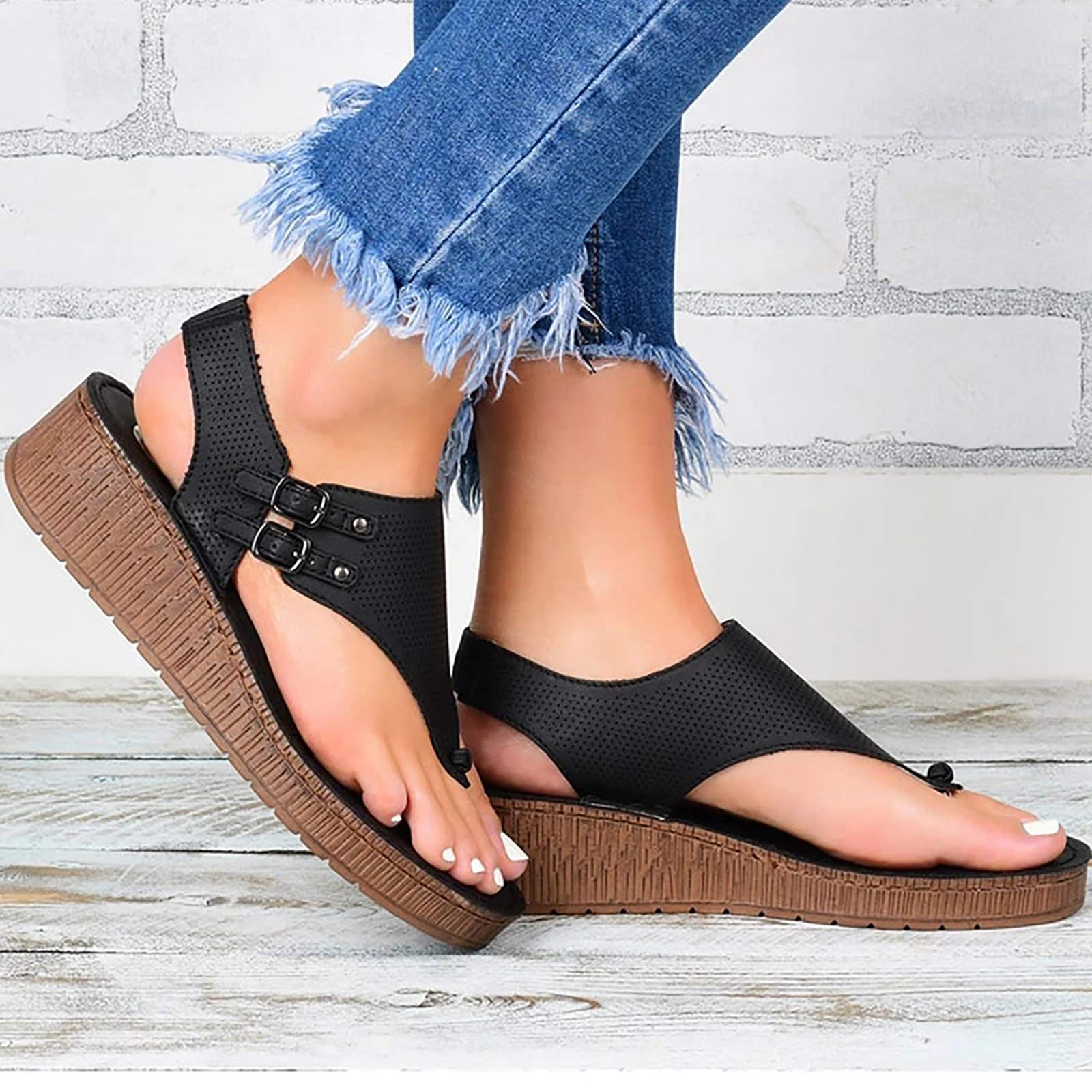 Sandales Compensées Cuir Femme Bout Ouvert - Sangle Cheville Style Décontracté Été