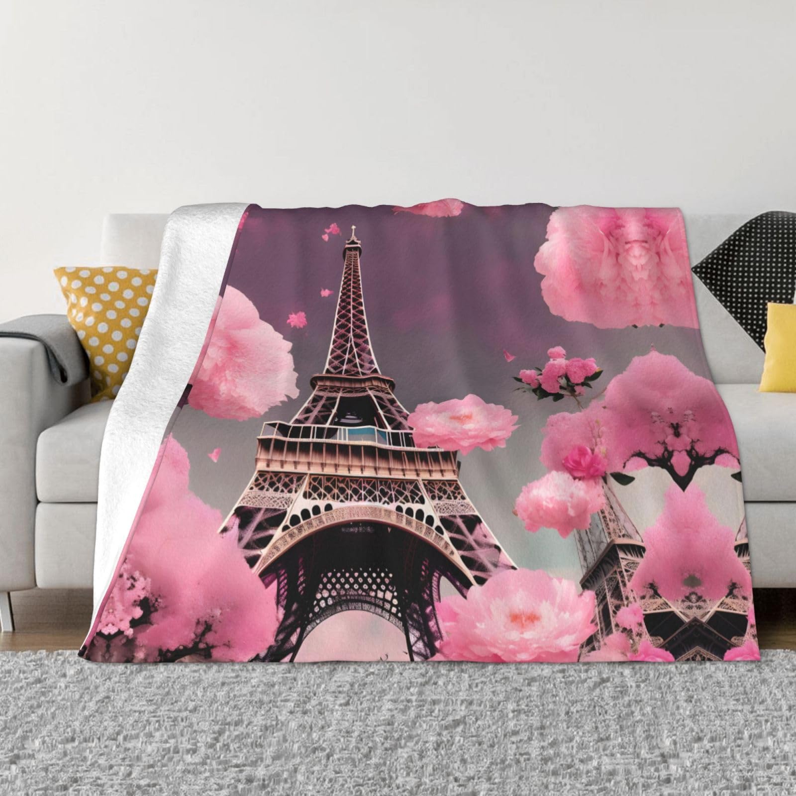 Couverture en flanelle super douce Tour Eiffel rose chaude pour canapé et lit