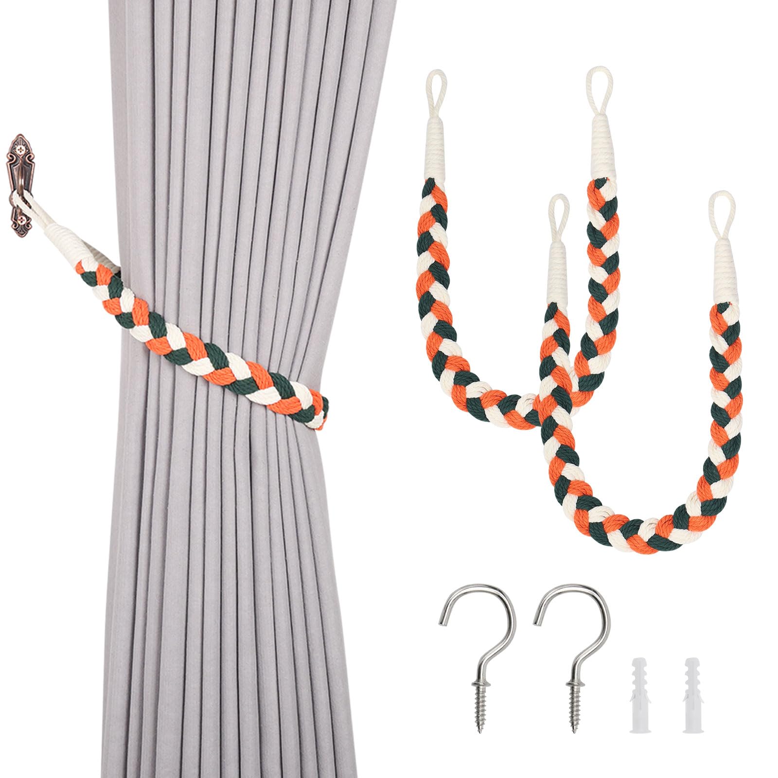 Pretty Jolly 2 Pack Natural Cotton Rope Curtain Tiebacks Elegant Boho Style Decorative Drape Tie Backs Soft Hand-Woven Rope Curtain Holdbacks with Metal Hook for Home & Office Drapery (Orange & Green)