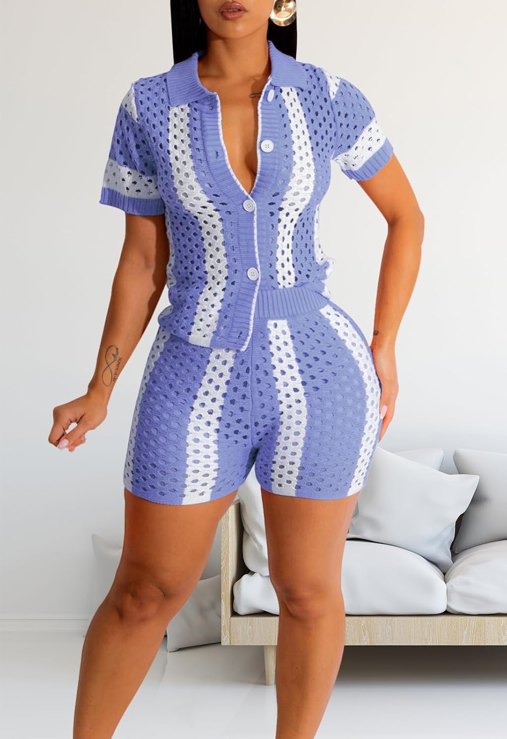 ZERMOM Women's Hollow Out Lapel Knit Set Short Sleeve 2 Piece Outfits Sweater Shorts Set Color Matching Set - Image 5