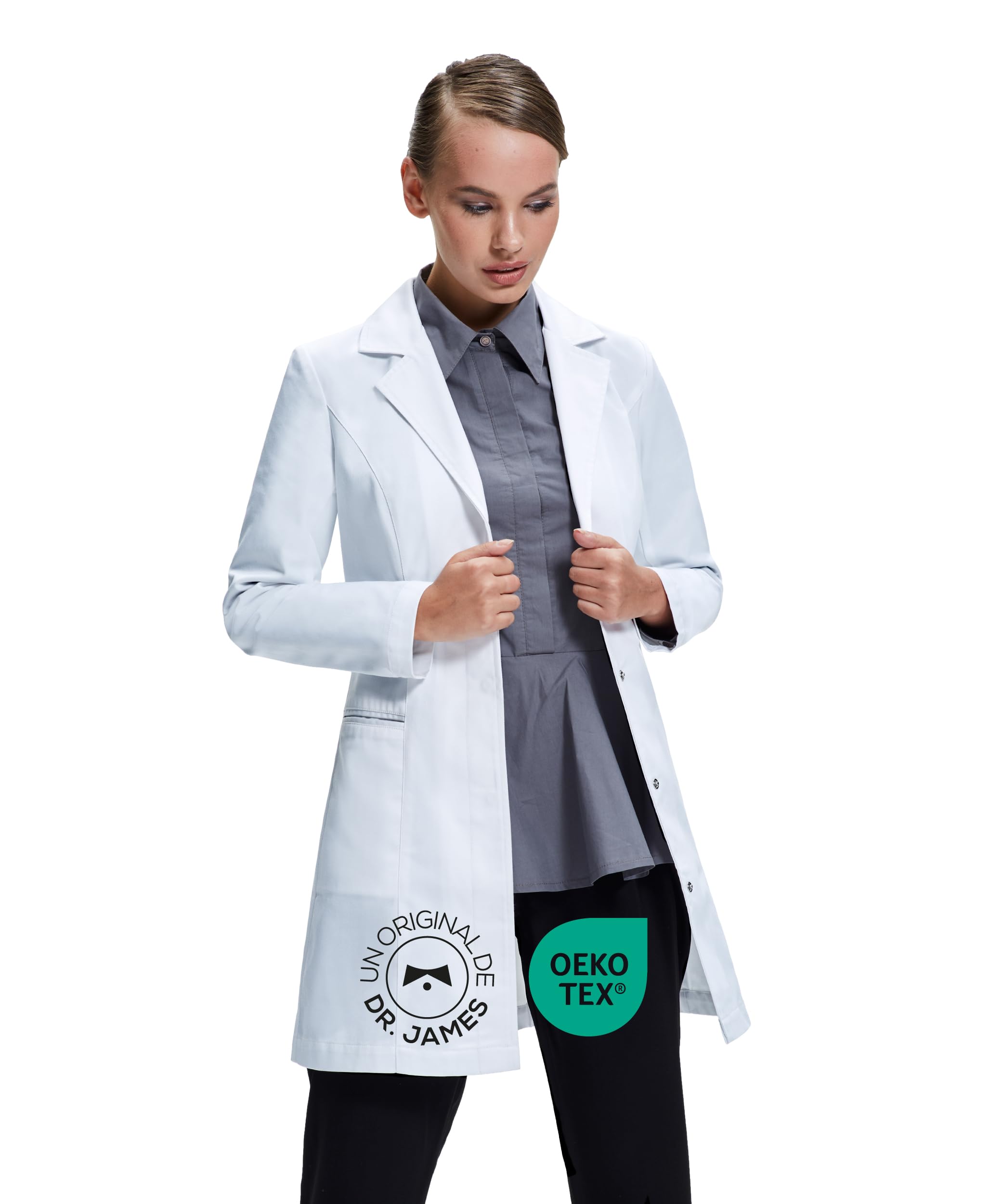 Dr. James Bata de laboratorio Premium mujeres, con bolsillos laterales, ajuste entallado, cierre a presión oculto