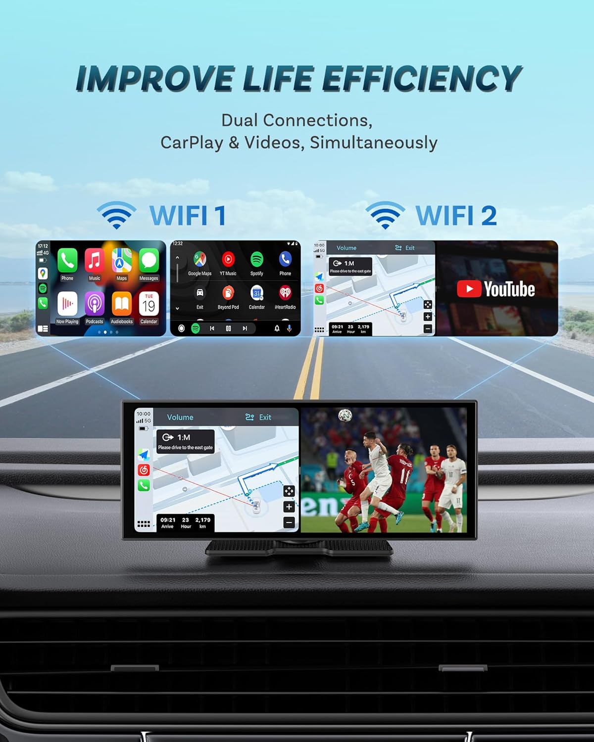 Image showing dual WiFi connections enabling simultaneous CarPlay/Android Auto and video streaming on the OTTOCAST ScreenFlow.