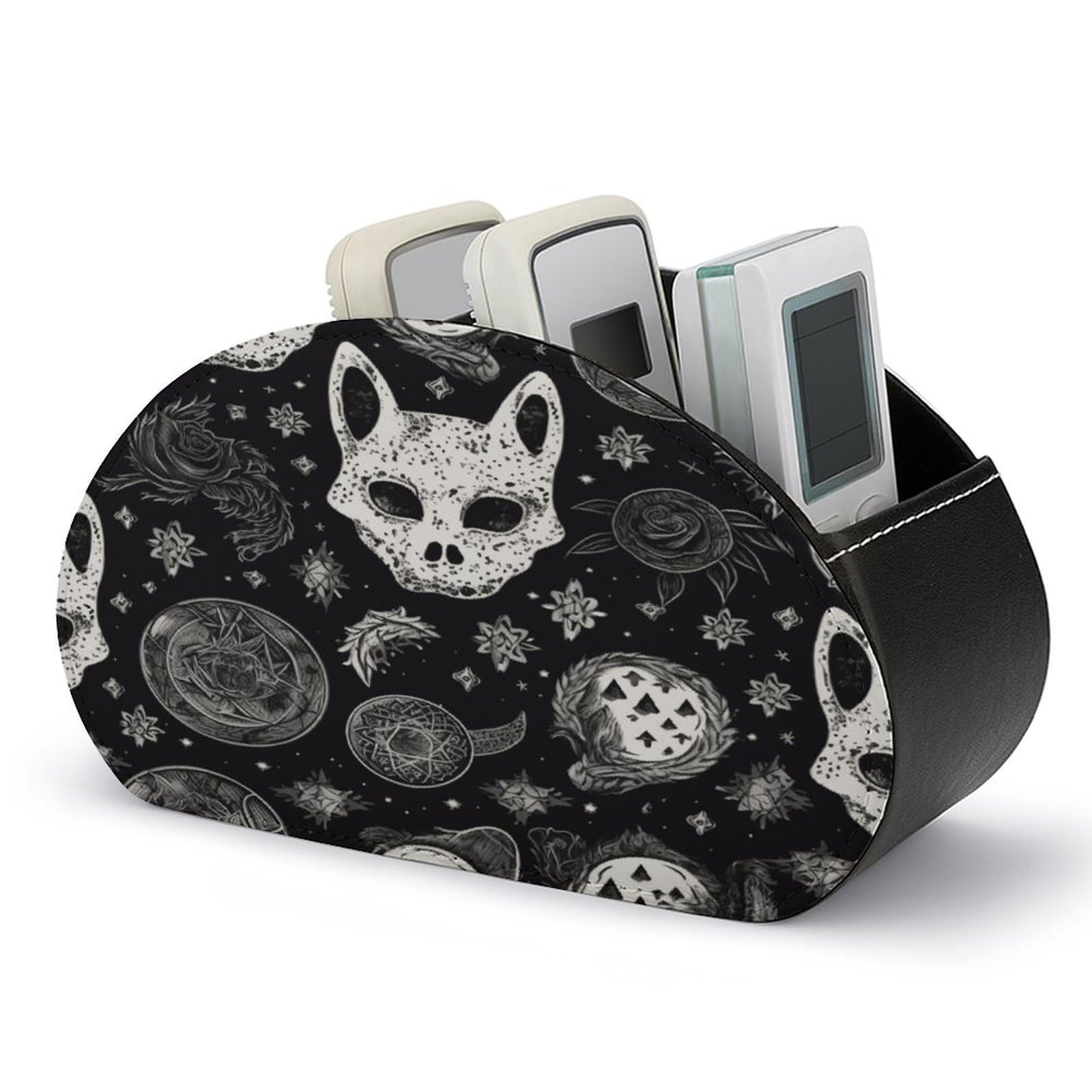 VstaDank Skull Cat Moon Gothic Remote Control Holder with 5 Compartments PU Leather TV Remoter Caddy Desktop Organizer TV Remote Holder Remote Box for Media Controllers Office Supplies