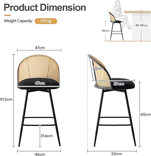 Miniatura 2 de Juego de 2 taburetes de bar giratorios de altura de mostrador, sillas de bar modernas de mediados de siglo de 26 pulgadas con respaldo de ratán y