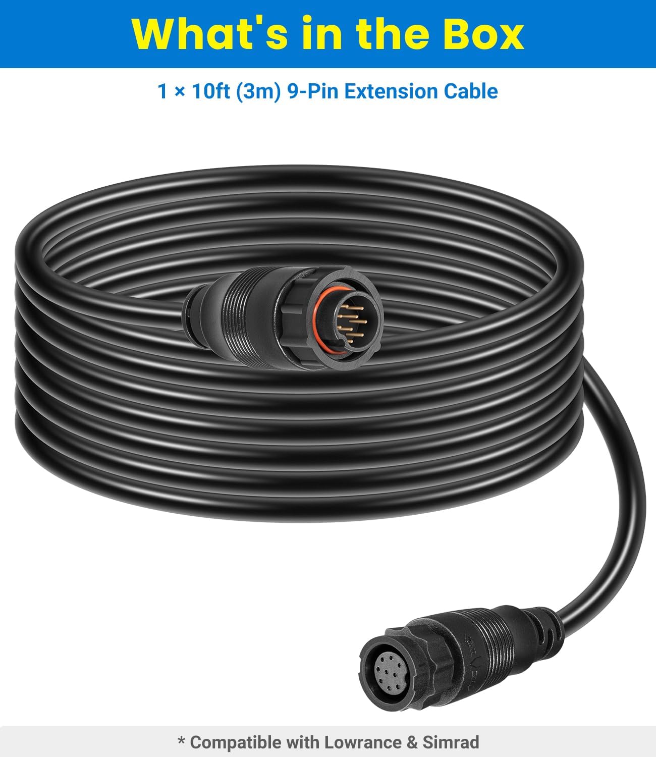 000-00099-006 Extension Cable 9-Pin 10ft for Lowrance Simrad B&G, Replacement for 3005.6907 10Ex-blk, Fits StructureScan LSS-1 LSS-2, Active Imaging 3-in-1, TotalScan, xSonic HDI Transducers