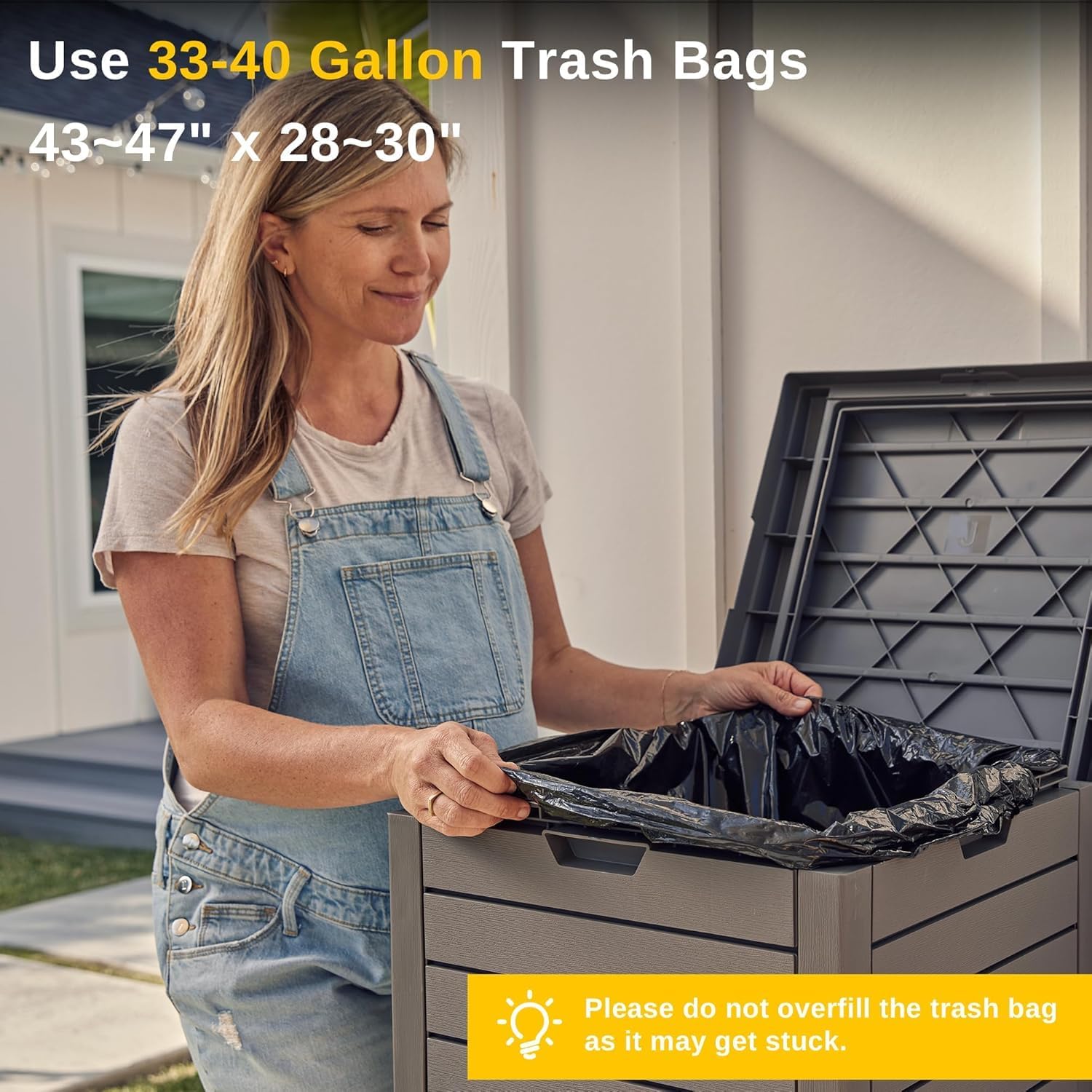 East Oak 38 Gallon Outdoor Trash Can | Waterproof Resin Garbage Can Featuring Tiered Lid & Drip Tray | Outside Trash Bin for Kitchen, Patio | Backyard & Deck | Gray Color