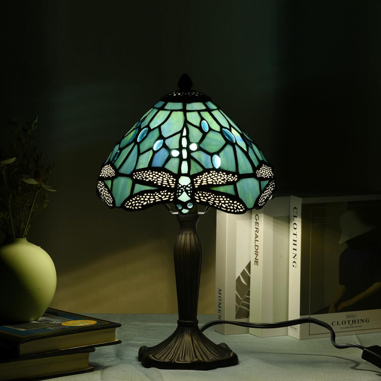 TL0008 Small Tiffany Lamp Sea Blue Stained Glass Dragonfly Style Desk Light for Small Space Desktop Bedroom and Living Room,8" D x 14.25" H, LED Bulb Included