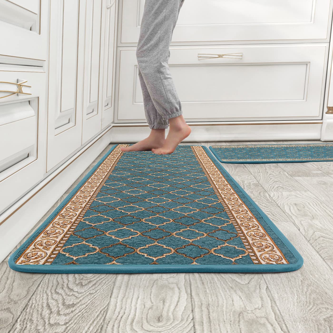 Jorunb Kitchen Mat [2 PCS] Cushioned Non Slip Super Absorbent Runner Rug for Entryway Machine Washable Soft Embroidered Boho Kitchen Floor Mats for Floor, Sink, Laundry (20"x31"+20"x59", Blue)