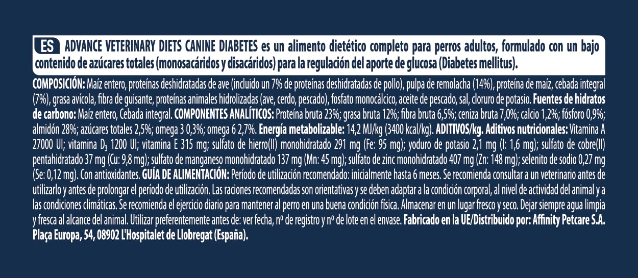 Advance Veterinary Diets Diabetes Colitis - Pienso para Perros con Diabetes y/o Colitis - 12kg