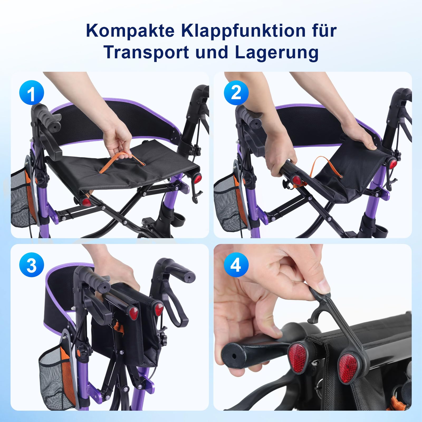 Andador para personas mayores, ligero, plegable, todo terreno, con asiento, aluminio con ruedas de goma de 20 cm (morado)