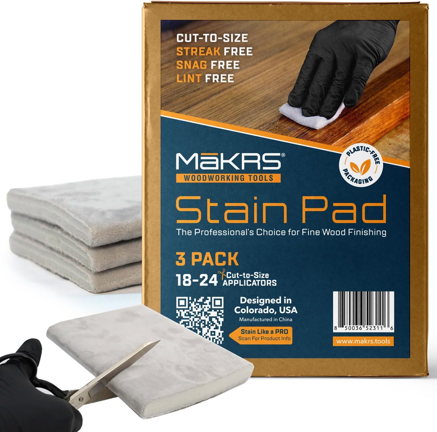 MāKRS Stain Pad, Cut-to-Size Staining Pads, 3-Pack, Lint, Snag, Streak-Free Applicator, Micro Brush Material, Wood Stains and Oil Based Finishes, Easy to Use with Consistent Application