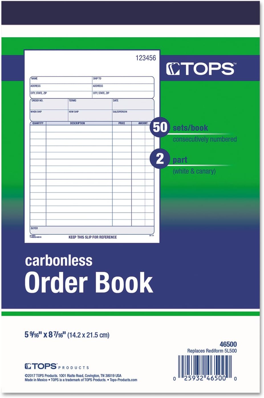 TOPS Sales Order Book, 2-Part, Carbonless, White/Canary, 5-9/16 x 7-15/16 Inches, 50 Sets per Book (46500)