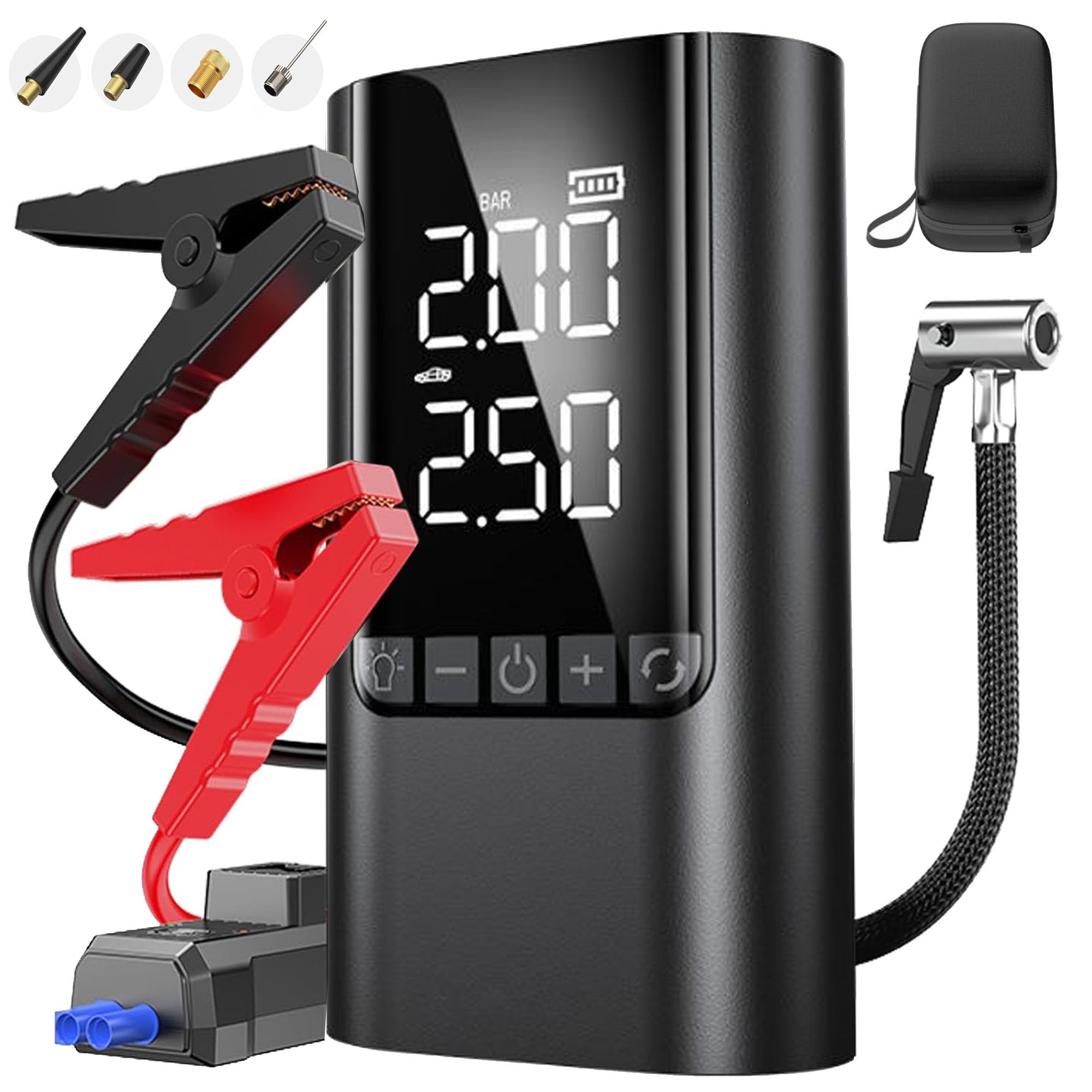 COCCKO Arrancador de Batería de Coche 6000A,con 150PSI Compresor de Aire,10000mAh Arrancador Coche Portatil con Inflador(Toda Gasolina o 8L Diésel),12V Jump Starter,con Linterna LED y SOS