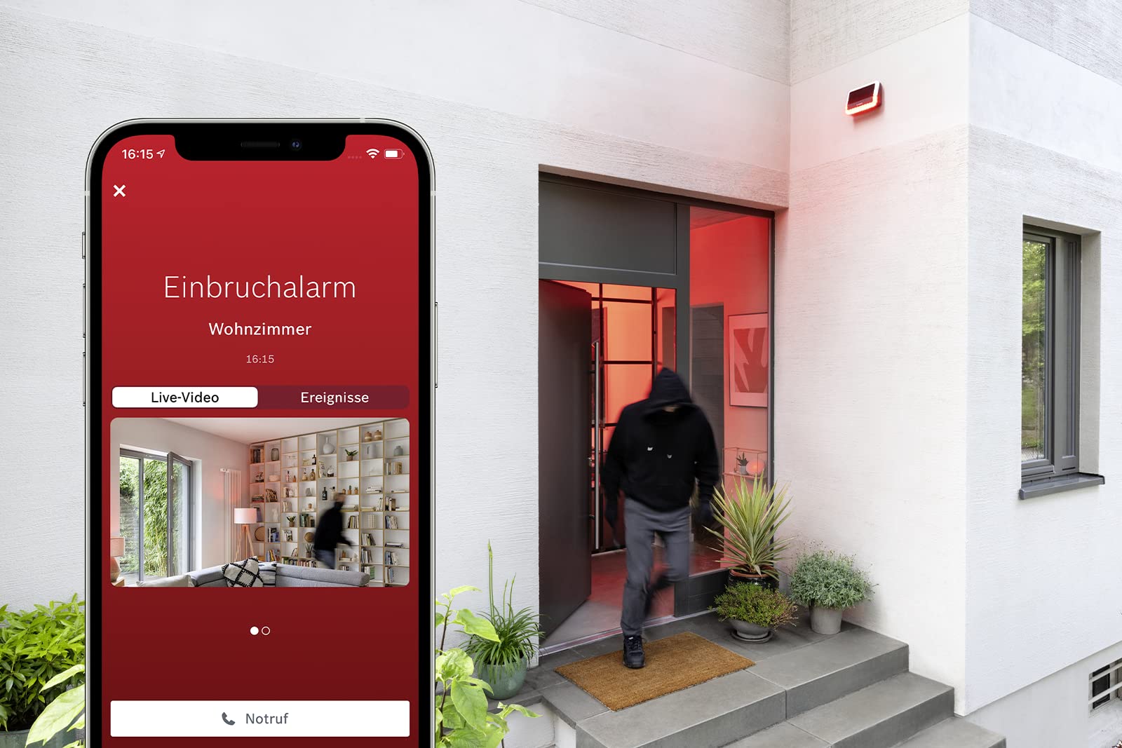 Bosch Smart Home Außensirene, kabellose Alarmanlage mit Solarpanel, warnt per 3-fachen Alarmierung hörbar, sichtbar und via Push-Nachricht, Grey