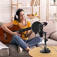 Vista 8 de BILIONE Soporte de micrófono de escritorio multifuncional, soporte de micrófono ajustable con filtro pop, soporte de choque, clip de micrófono