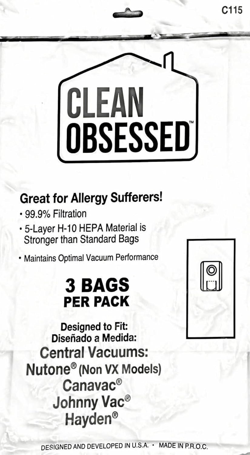 Clean Obsessed H-10 Replacement Bags for Nutone, Canavac, Johnny Vac & Hayden Central Vacuums, Includes 3 H-10 HEPA Cloth-Like Bags