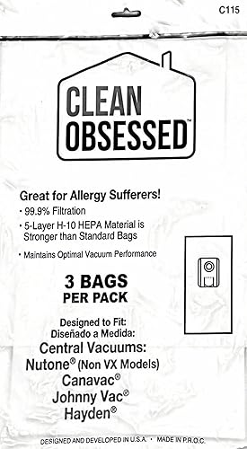 Miniatura 3 de Clean Obsessed H-10 Bolsas de repuesto para aspiradoras centrales Nutone, Canavac, Johnny Vac y Hayden, incluye 3 bolsas H-10 HEPA tipo paño