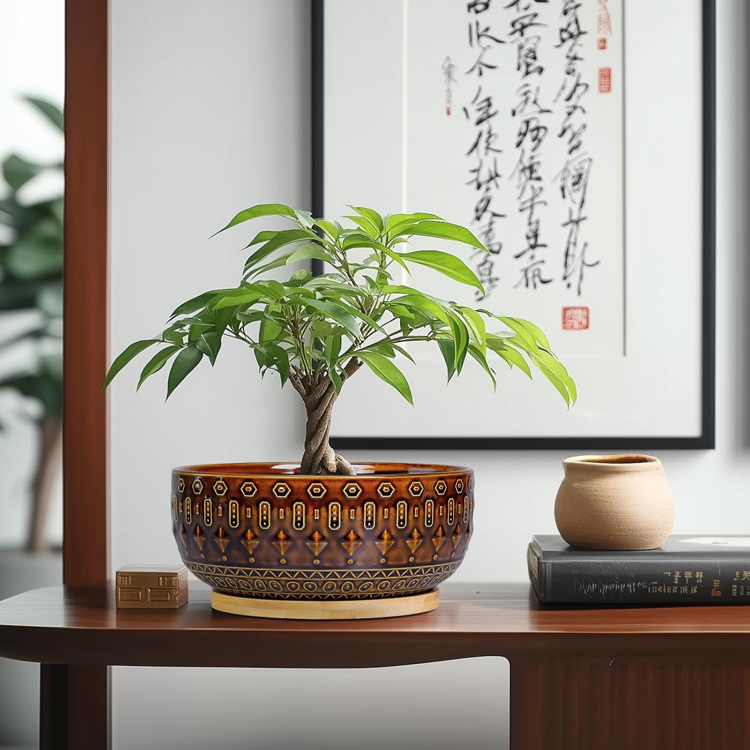 Bonsai Pots - 8 Inch Ceramic Planter with Drainage Hole and Saucer, Boho Round Shallow Succulent Bowl for Indoor Plants Flower, Room Decor, Gifts for Plant Lovers, Brown