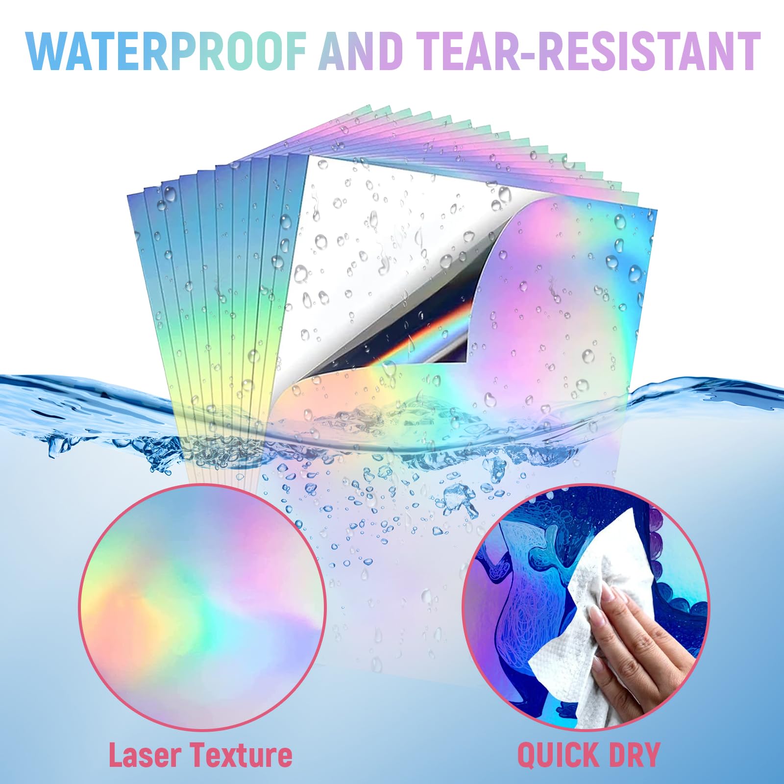 20 Hojas de Papel Adhesivo Holográfico A4 Imprimible Vinilo Secado Rápido Impermeable Vinilo Arco Iris Papel para Impresora de Inyección de Tinta y Láser, 210 x 297 mm