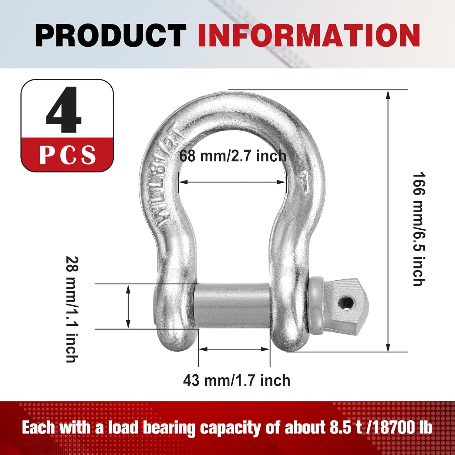Pelopy 4 Pack 1 Inch Shackles D Ring Heavy Duty Bow Shackle with 1-1/8'' Screw Pin, 8.5 Tons / 18739 Lbs Working Load Limit for Towing Rigging Lifting Moving Winch Recovery
